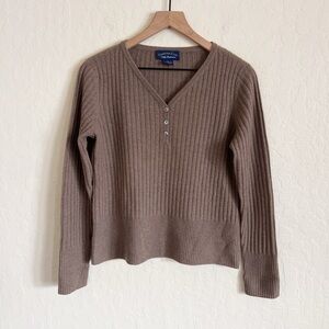 Charter Club 100% 2-Ply Cashmere V-Neck Ribbed Henley Sweater Small Brown Knit